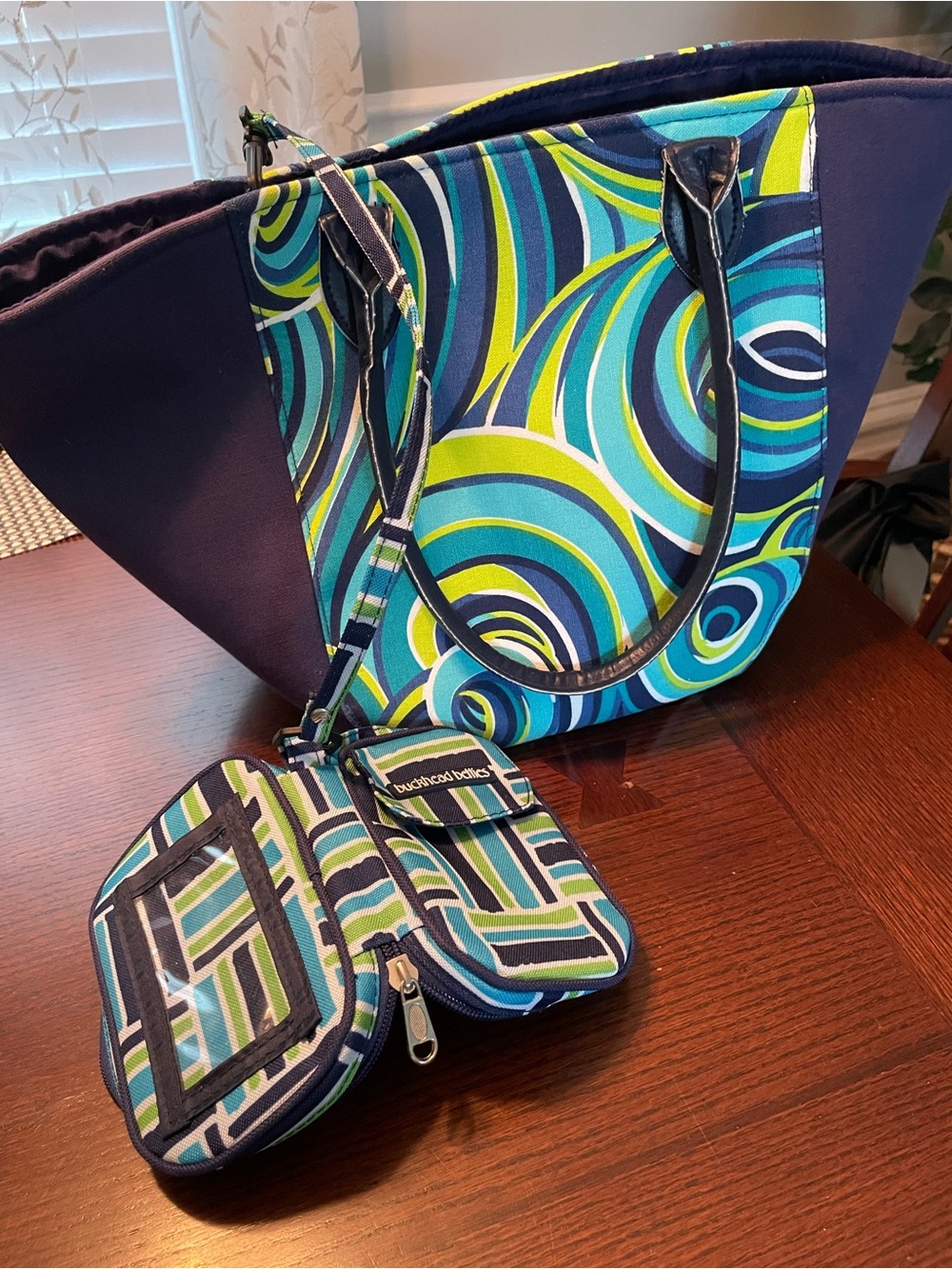 Navy Blue Tote Bag with Blue & Green Swirl Pattern and Matching Wristlet